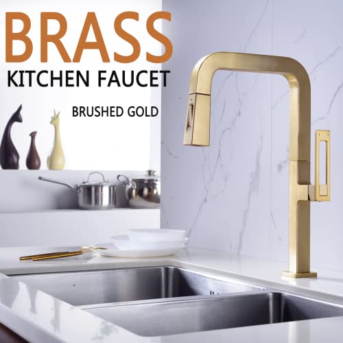 Brushed Gold Kitchen Faucet Single Hole Brass Bar Sink Faucet with Pull Down Sprayer, Square Shaped