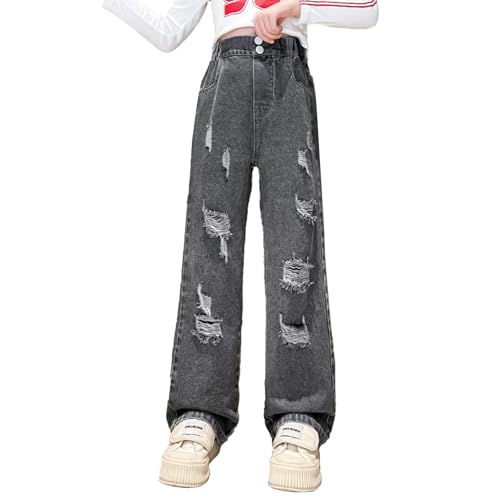 Girls Ripped Jeans Straight Leg Baggy Button Denim Pants Elastic Waist Trousers Casual Trendy Streetwear with Pockets