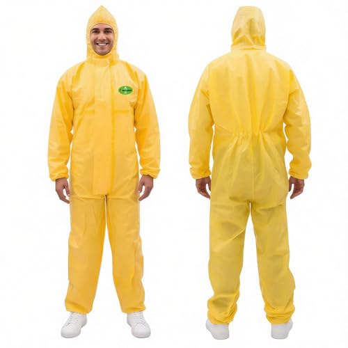 RAYGARD Type 4/5/6 Disposable Protective Coverall - Waterproof & Spray-Tight Hazmat Suit with Hooded, Elastic Wrists & Ankles, Yellow (X-Large)