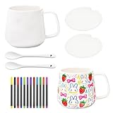 LCSHENGMIN Pintar Cerámica Kit Taza, Taza Para Pintar DIY Cerámica Kit, Pinta Tu Propia Tazas, Taza de Cerámica con Tapa, Asa y Cuchara, Juego de Pintura, para Parejas Regalo de Boda Cumpleaños