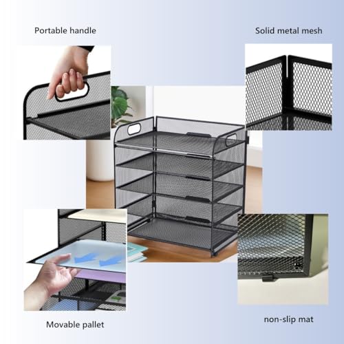 ECIC 5 Trays Paper Organizer Letter Tray with Handle-Mesh Desk File Organizer, Paper Sorter for Office, Home or School, Black image 6