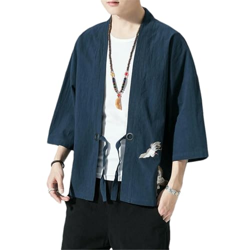 Kimono bordado Harajuku estilo japonés para hombre, disfraz samurái Yukata, ropa asiática, cárdigan, chaqueta, camisa, Azul marino 9 azul, L