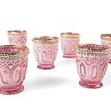 Koyal Wholesale Shabby Chic Vintage Glass Votive Candle Holders Beaded Rim Set of 6, Antique Bulk Tealight Holders, Tablescapes, Wedding, Home Decor, Restaurant (Frosted Pink with Gold Rim)