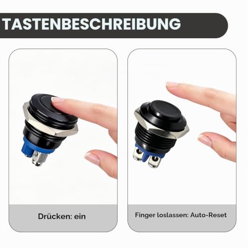2 Stück Taster Drucktaster 12v 16mm, Metall Momentanschalter Rund Schwarz, 16mm Klingelknopf Außen, Wasserdicht Drucktaster für Auto Boot Haushaltsgeräte Hupen, 220V / 1A
