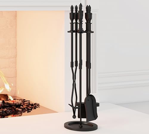 CALIDOLA 5-Piece Wrought Iron Fireplace Tools Set with Handles Indoor Fireplace Accessories for Modern Décor and Outdoor Fire Pits Includes Poker, Tongs, Shovel, Brush, and Wood Stove Hearth Stand