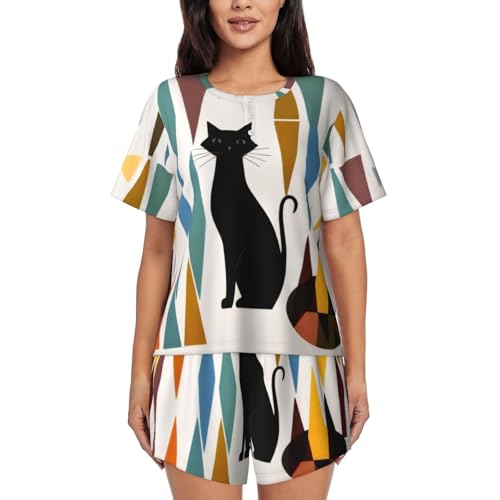 Pyjama chat art moderne Mid-Century femme ensemble d'été court confortable