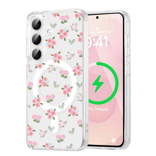 Protection Samsung A57 5G fleurie transparente et étui antichoc Magsafe pour fille