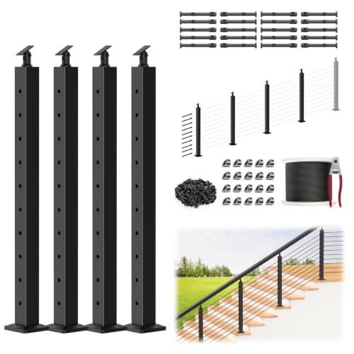 Image of 12-20FT Swageless 36 inch Cable Railing Post Kit for Stair Pre-Drilled | Stair Cable Post System Includes 4Pack Stair Posts, 250FT Wire Rope, Black Swageless Deck Cable Railing Kit(No Handrail)