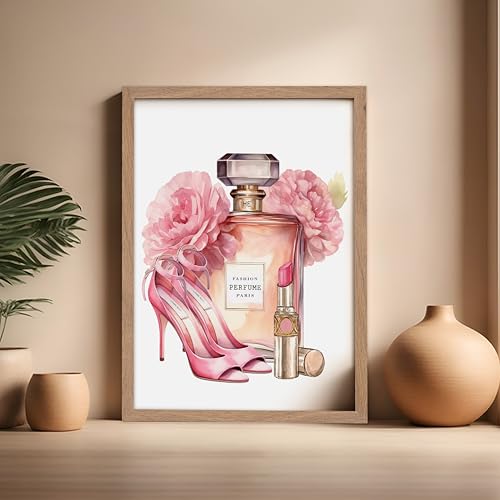 Image of Poster Master Pink Designer Print - Fashion Poster - Shoes, Lipstick & Perfume Art - Chic Gift for Women & Fashionista - Glam Decor for Bedroom or Girl's Room - 16x20 Beige Framed