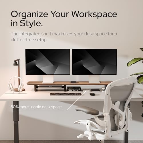 KIVY Dual Monitor Riser with Integrated Metal Shelf - Wooden desk shelf for top of desk - Wood monitor stand for desk 2 monitors / tv - Dual monitor stand riser for desk - Large walnut monitor stand by KIVY - Image 3
