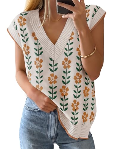 ZESICA Women's Floral V Neck Sweater Vest 2026 Summer Oversized Sleeveless Loose Knit Tank Tops Casual Outfits White Medium