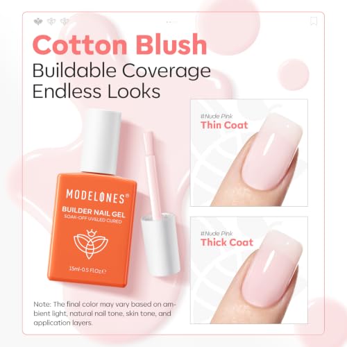 Image of modelones Builder Nail Gel, Barely Pink Builder for Nails, Sheer Pink Color Rubber Base Gel Polish for Natural Overlay, Apex Building, Short Extension, Self-Leveling Beginner U V /LED Cured 15ml