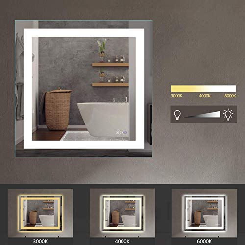 Amorho LED Bathroom Mirror 36"x 36" with Front and Backlight, Stepless Dimmable Wall Mirrors with Anti-Fog, Shatter-Proof, Memory, 3 Colors, Double LED Vanity Mirror