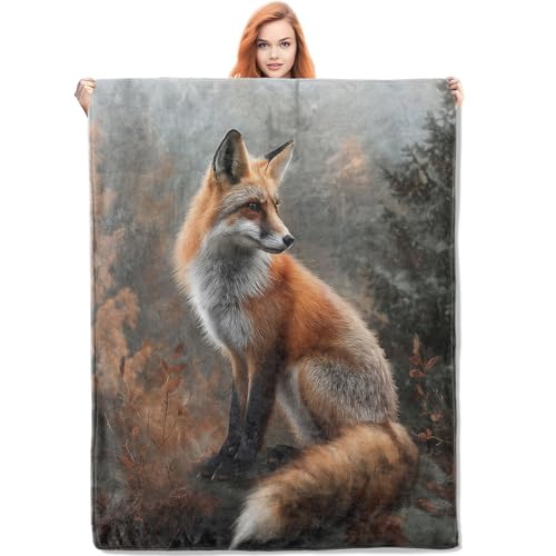 VANZEV Autumn Fox Blanket, 50"x60" Woodland Fox Flannel Fleece Throw for Kids & Adults, Ultra-Soft and Warm Home Decor Blanket, Fox Gifts