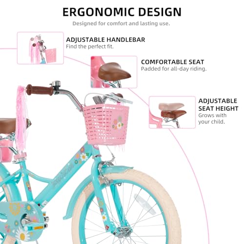 Image of JOYSTAR Little Daisy Kids Bike for Girls Boys Ages 2-10 Years, 12 14 16 20 Inch Girls Bikes with Doll Bike Seat & Streamers, Boys Bike with Flag & Number Plate, Multiple Colors