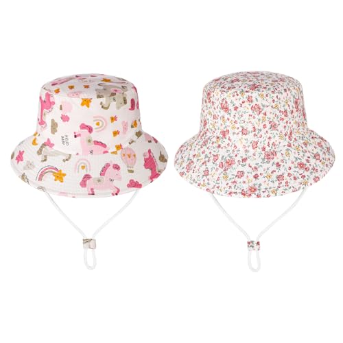 Image of ViEinkaufen 2 Packs Baby Sun Hat,Toddler Bucket Hat,Kids Summer Fisherman Hats for Infants Boys Girls,Wide Brim Beach Cap Floral Unicorn Hat with Chin Strap Pink