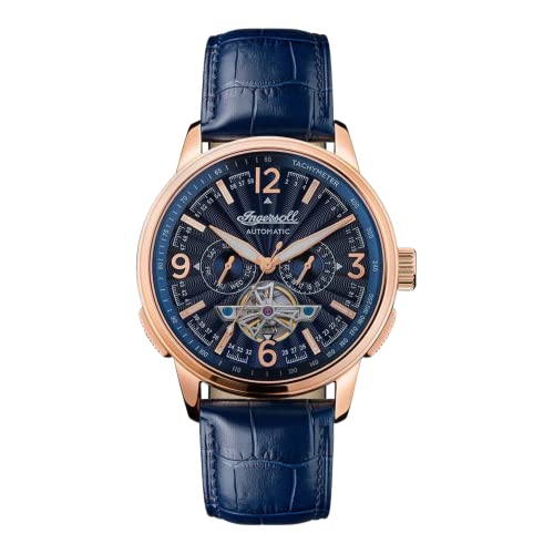 Ingersoll The Regent Herren-Automatikuhr, 47 mm, mit blauem Zifferblatt mit offenem Herzen und blauem Echtlederarmband I00301B