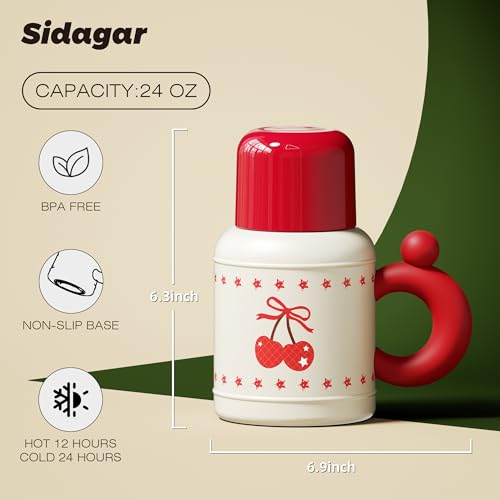 Sidagar 24oz Thermal Coffee Carafe for Hot & Cold, Insulated Stainless Steel Coffee Server with Lid, Leakproof Small Coffee Carafe with Straw for Tea, Coffee, Home & Office,Cherry