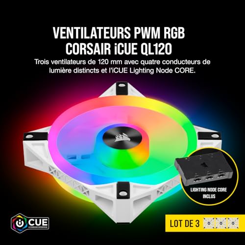 Corsair iCUE QL120 RGB, Ventilateur LED RGB PWM 120 mm (102 LED RGB Paramétrables Individuellement, Allant jusqu’à 1 500 TR/Min, Faible Bruit) Lot de Trois Ventilateurs avec Lighting Node CORE - Blanc