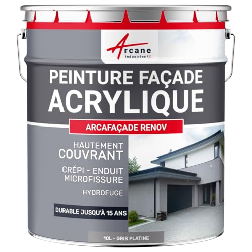 ARCANE INDUSTRIES Peinture Façade Hydrofuge Acrylique - Mur, Crépi, Béton - Imperméable Haute Résistance 15 Ans - 10 L (+ ou - 60 m² en 1 Couche) Gris Platine - RAL 7036