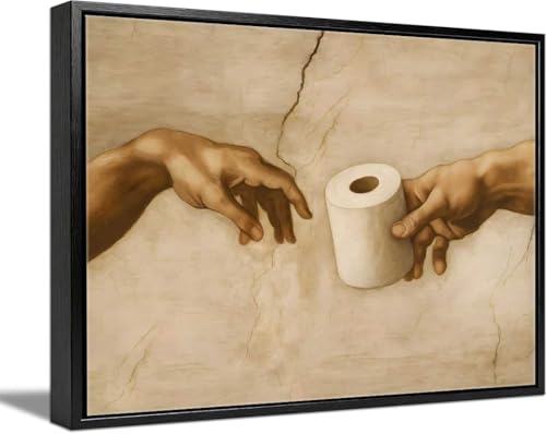 Kabcod Black Framed Funny Bathroom Toilet Paper Canvas Wall Art,Vintage Humorous Hand Holding Toilet Paper Picture Wall Decor,Eclectic Restroom Painting Poster Prints for Bath Washroom Dorm 12X16in