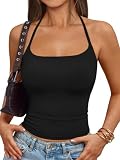 Trendy Queen Double Lined Halter Tops for Women Self Tie Backless Crop Tank Top Y2K Cute Summer Going Out Workout Camisole Black S