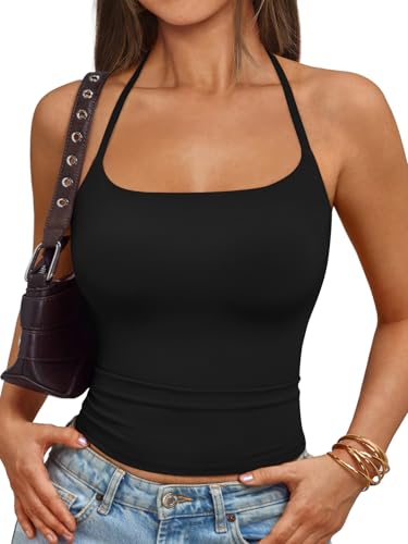 Trendy Queen Double Lined Halter Tops for Women Self Tie Backless Crop Tank Top Y2K Cute Summer Going Out Workout Camisole Black S