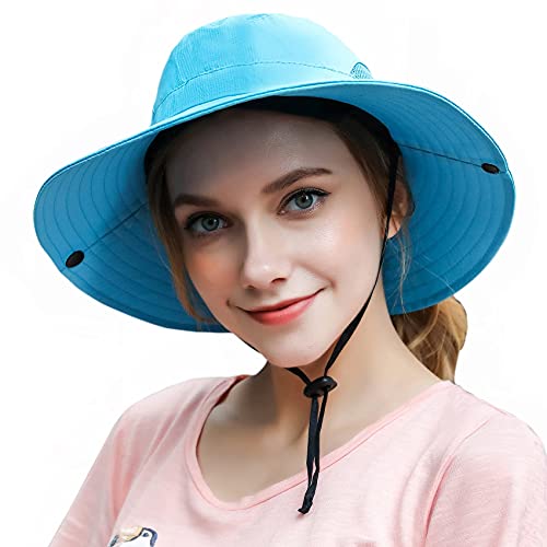 Muryobao Womens Summer Sun Hat Wide Brim UV Protection Hats Foldable Ponytail Bucket Cap for Safari Beach Fishing Gardening (2 Pack - Beige & Blue) - Thumbnail 2