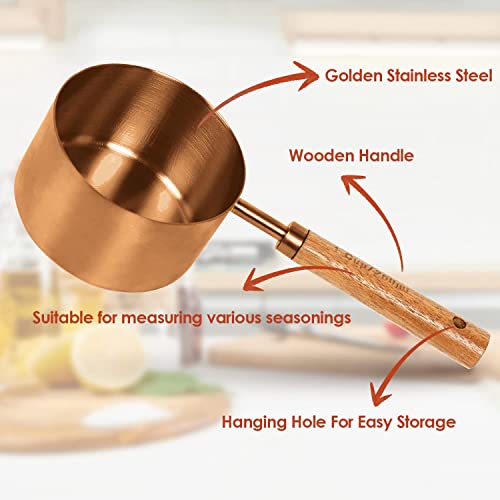 Prettyfine Collection 8 Piece Rose Gold Measuring Cups Set And Measuring Spoons, Golden With Fragrant Wood Handles-Complete Set Of Measure Cups And Spoons For Cooking And Baking #TOP5