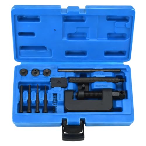 Professional 13-Piece Motorcycle Chain Breaker Tool Kit with 3 Anvils, Steel Pins, Riveter, Carrying Case for Bikes, ATVs