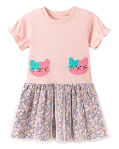 Image of Girls Cotton Long Sleeve Casual Cartoon Appliques Striped Jersey Dresses