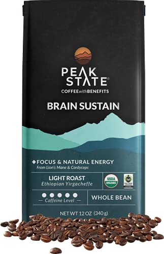 Peak State Coffee With Benefits - Mushroom Coffee Organic Coffee Beans - Brain Sustain Light Roast - Lion's Mane Coffee - Focus & Energy Support - Mold Free, Vegan, Paleo, Dairy & Gluten-Free (12 Oz Bag, Whole Bean - $1.13/Cup) #TOP21