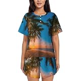 Material: este Sunset Hawaiian Palm Tree Loungewear para mujer está hecho de 100% poliéster, material elástico es suave, cómodo y transpirable, adecuado para los días de verano