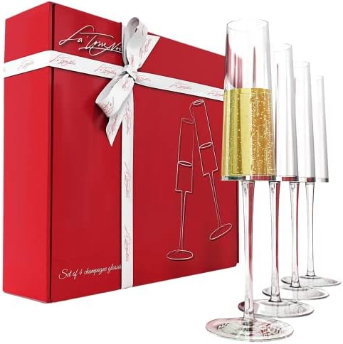 Champagne Flutes Set of 4 - Crystal Champagne Glasses in Gift Box for Wedding and other Occasions - 100% Lead - Free Dishwasher Safe Square Champagne Flutes - Modern Prosecco Glasses - 6 oz, Clear