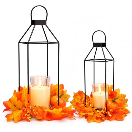 Woanger 2 Set Fall Lantern Decor with LED Candle Black Metal Frame Lanterns 16.9" and 14.1" Tall Battery Operated for Thanksgiving Decoration Patio Porch Tabletop Indoor and Outdoor (Battery Operated)