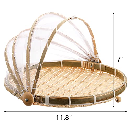 Lawei Food Serving Tent Basket, 12 Inch Hand-Woven Bamboo Food Serving Basket Dustproof Round Picnic Basket For Vegetable Fruit Bread Meals #TOP1