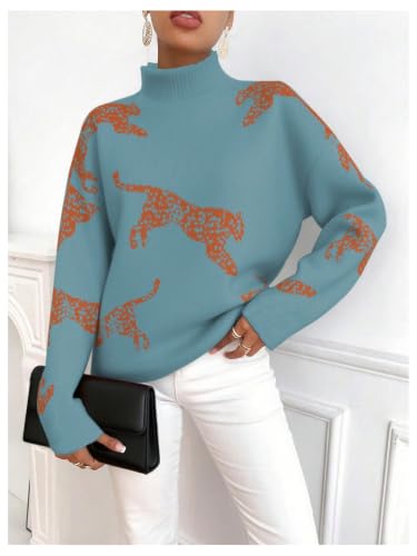 Image of WDIRARA Women's Leopard Tiger Print Sweater High Neck Long Sleeve Fuzzy Knitted Pullover Top