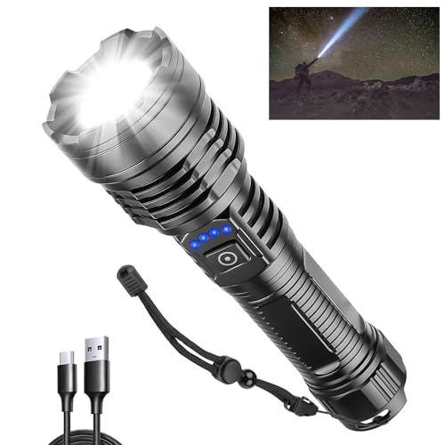 DXHGHYGL Torcia LED Potente Professionale 500.000 Lumen Super Luminosa,Ricaricabile con Batteria e Cavo USB, Torcia Portatile Potente, 5 Modalità per Per Campeggio Trekking Emergenza