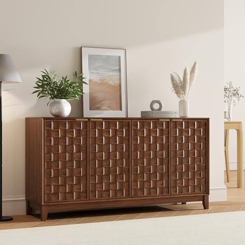COLAMY Sideboard 150 cm Holz mit Stauraum Modernes Sideboard für Wohnzimmer Küchenschrank mit verstellbaren Einlegeböden Buffet Schrank mit 3D Holzfront Walnut