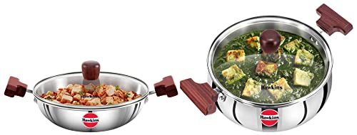 Image of Hawkins Tri-Ply Stainless Steel Induction Compatible Cook n Serve Handi with Glass Lid, 3 Litre & Tri-Ply Stainless Steel Induction Compatible Deep-Fry Pan with Glass Lid, 1.5 Litre