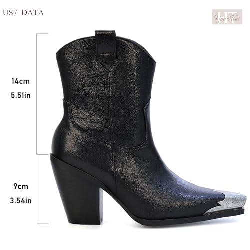 Image of Cowboy Ankle Boots for Women Engraved Steel Toe Cowgirl Boots Stacked Block Heels Short Cowboy Boot Fashion Dressy Western Country Booties