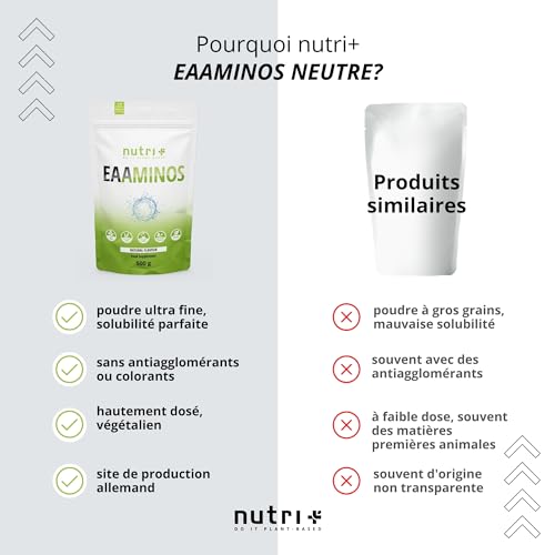 Nutri + Eaa 9 acides aminés poudre - Poudre d'EAA Neutral 500g - Haute dose - AAE instantanés goût neutre sans édulcorants, additifs & goût artificiel - Vegan Essential Aminos – Image 6