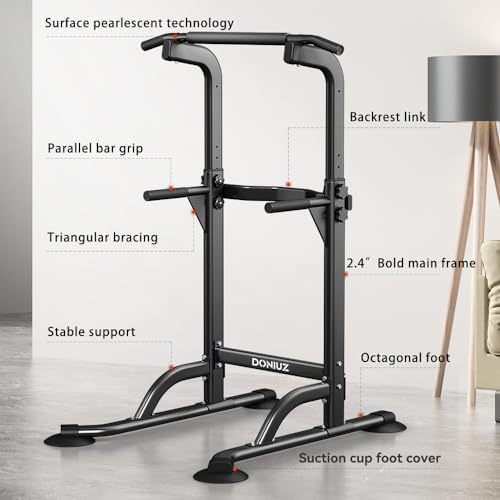 DONIUZ Power Tower Pull Up Bar and Dip Station, Multi-Function Home Gym, Strength Training Fitness Equipment, Height Adjustable(BLACK)