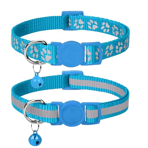 Taglory Kitten Collar Breakaway with Bell, Reflective Soft Cat Collar for Small Kittens, Adjustable 6-8 Inch High Visibility Night Strip, Lightweight for 2-6 Months Baby Cats, 2 Pack, SkyBlu