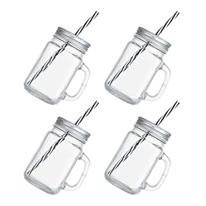 PATKAW 4 Sets Glazen Metselaarpotten Mokken Met Handgrepen en Rietjes Met Mason Jar Drinkglazen Tuimelaars Voor Ijskoffieparelsappen Cocktail 480 Ml