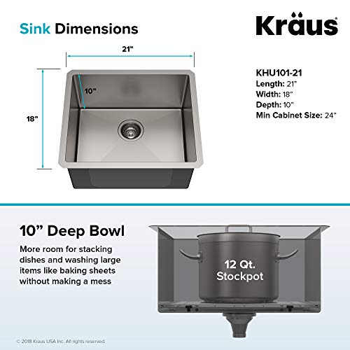 Kraus Khu101-21 Standart Pro 16 Gauge Undermount Single Bowl Set (4 Item Bundle: Sink, Bottom Grid, Drain Assembly, Kitchen Towel), 21 Inch, Stainless Steel #TOP3