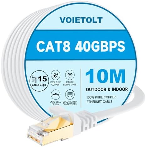VOIETOLT Cat8 Lan Kabel 10M mit Clips, 40Gbps/2000MHz Flach Schirmung Hochgeschwindigkeit Netzwerkkabel, STP RJ45 Gigabit Cat-8 Ethernet Kabel für PS4/5, für Modem, für Router (wei