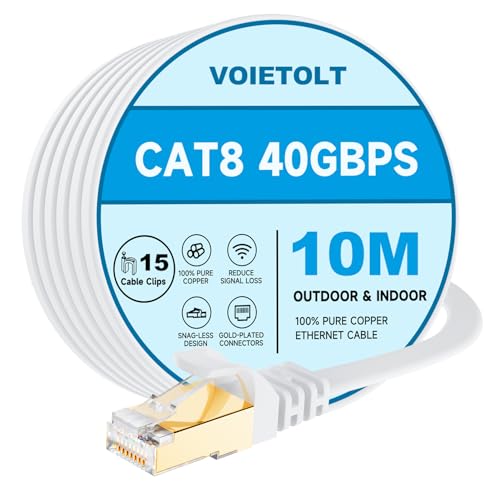 VOIETOLT Cat8 Lan Kabel 10M mit Clips, 40Gbps/2000MHz Flach Schirmung Hochgeschwindigkeit Netzwerkkabel, STP RJ45 Gigabit Cat-8 Ethernet Kabel f&uuml;r PS4/5, f&uuml;r Modem, f&uuml;r Router (wei&szlig;)