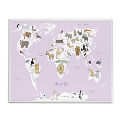 Kids World Map Animals Educational, 24 x 30 Inch Framed Giclée Print