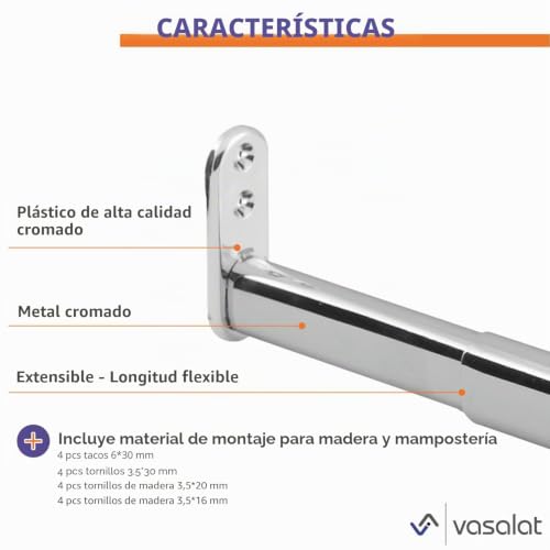 Miniatura 2 de Vasalat 118500336 - Tubo Telescópico Para Armario 60-90 Cm , Color Plateado